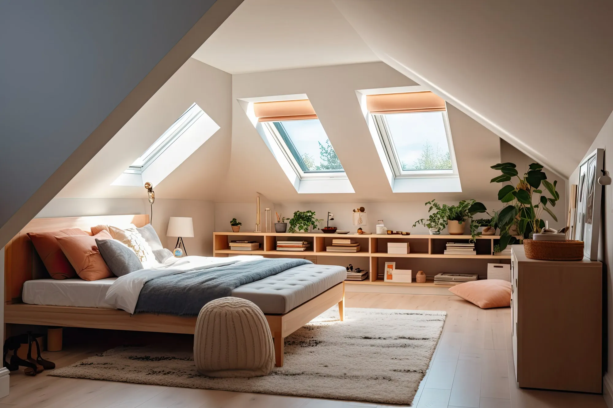 a bedroom with a large bed and a skylight