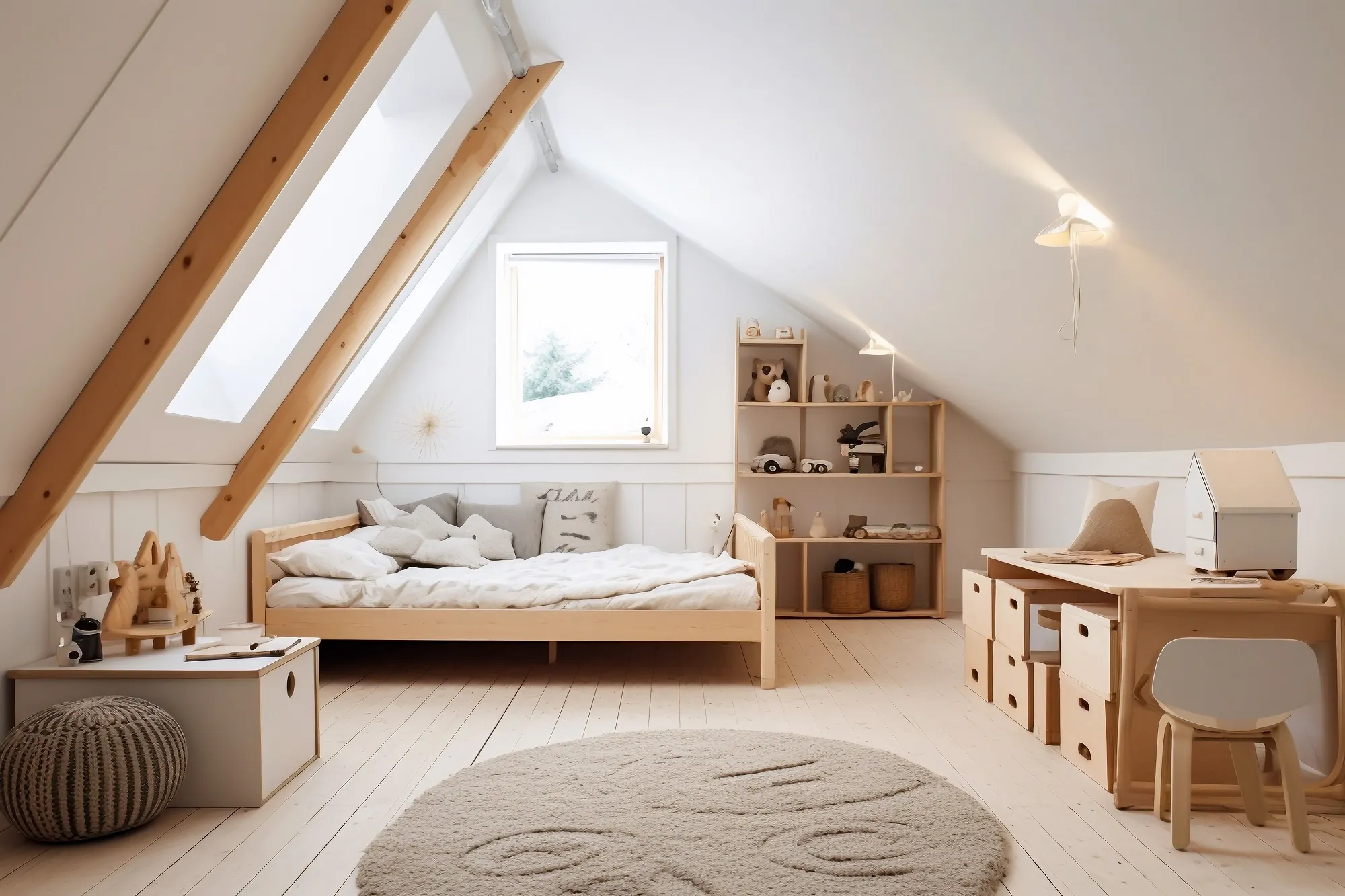 a room with a bed, desk, chair, and desk in it